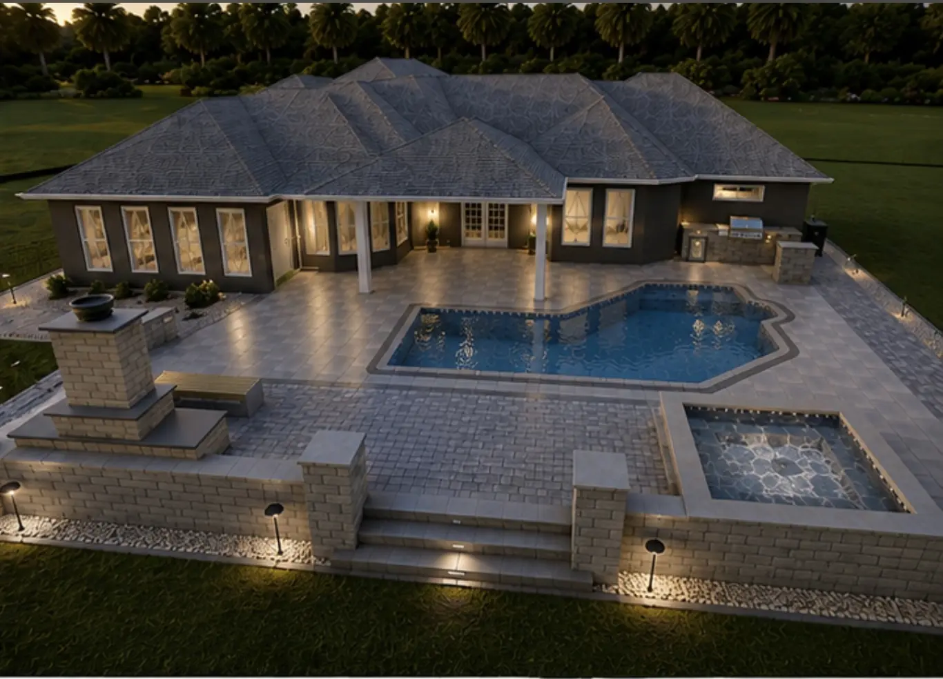 Photorealistic 3D landscape design rendering of a paver pool deck and outdoor kitchen, St. Augustine FL